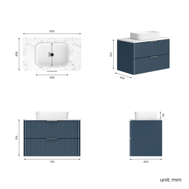 Cadiz Fluted Navy Blue Wall Hung Drawer Vanity with Marble Top & Reno Basin 800mm - Chrome Handles