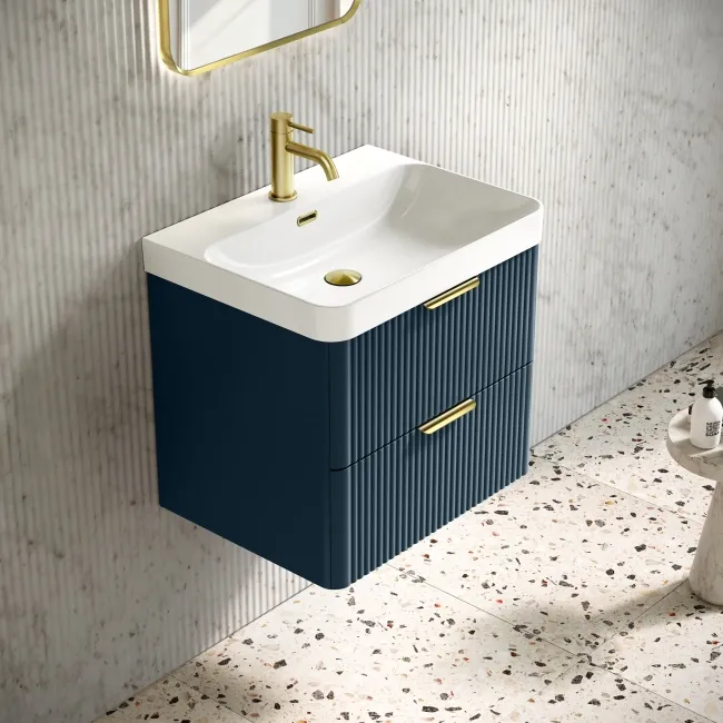 Cadiz Fluted Navy Blue Wall Hung Basin Drawer Vanity 600mm - Brushed Brass Accents