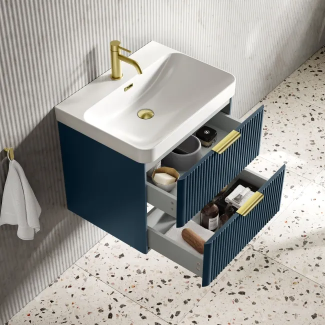 Cadiz Fluted Navy Blue Wall Hung Basin Drawer Vanity 600mm - Brushed Brass Accents