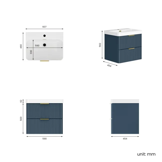 Cadiz Fluted Navy Blue Wall Hung Basin Drawer Vanity 600mm - Brushed Brass Accents