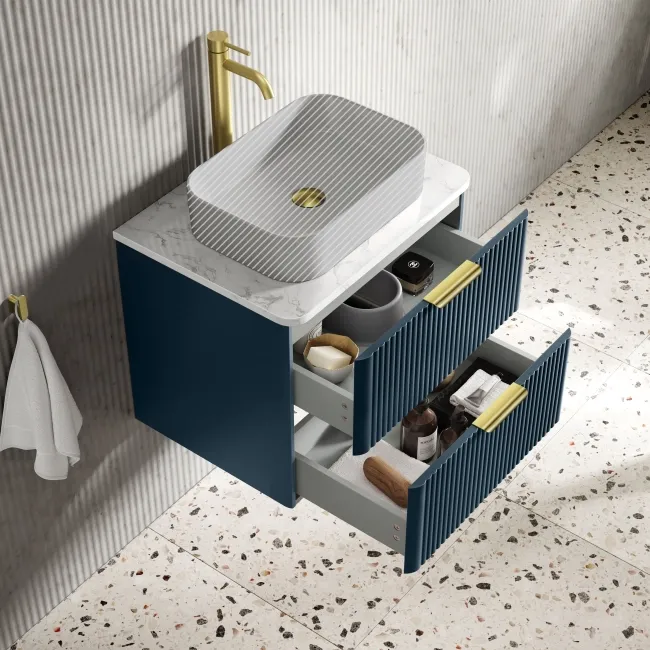 Cadiz Fluted Navy Blue Wall Hung Drawer Vanity with Marble Top 600mm (Excludes Basin) - Brushed Brass Accents