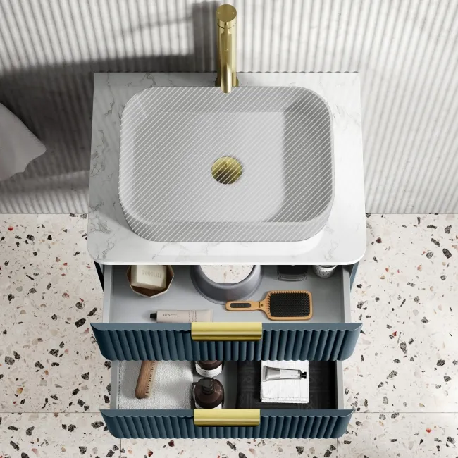Cadiz Fluted Navy Blue Wall Hung Drawer Vanity with Marble Top 600mm (Excludes Basin) - Brushed Brass Accents