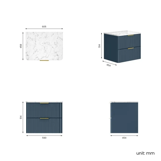 Cadiz Fluted Navy Blue Wall Hung Drawer Vanity with Marble Top 600mm (Excludes Basin) - Brushed Brass Accents