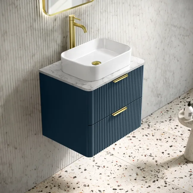 Cadiz Fluted Navy Blue Wall Hung Drawer Vanity with Marble Top & Marin Basin 600mm - Brushed Brass Accents