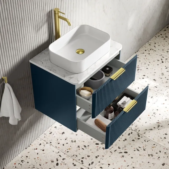 Cadiz Fluted Navy Blue Wall Hung Drawer Vanity with Marble Top & Marin Basin 600mm - Brushed Brass Accents