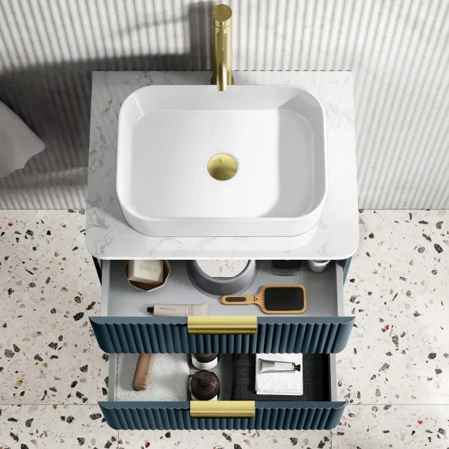 Cadiz Fluted Navy Blue Wall Hung Drawer Vanity with Marble Top & Marin Basin 600mm - Brushed Brass Accents