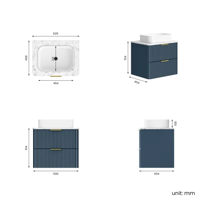Cadiz Fluted Navy Blue Wall Hung Drawer Vanity with Marble Top & Marin Basin 600mm - Brushed Brass Accents