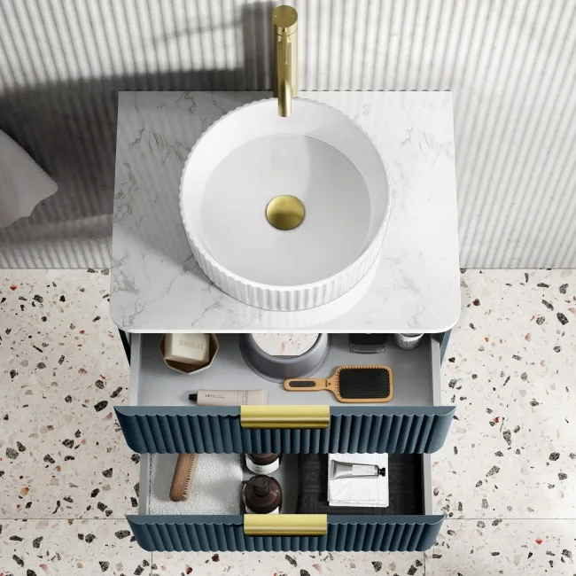 Cadiz Fluted Navy Blue Wall Hung Drawer Vanity with Marble Top & Nevis Basin 600mm - Brushed Brass Accents