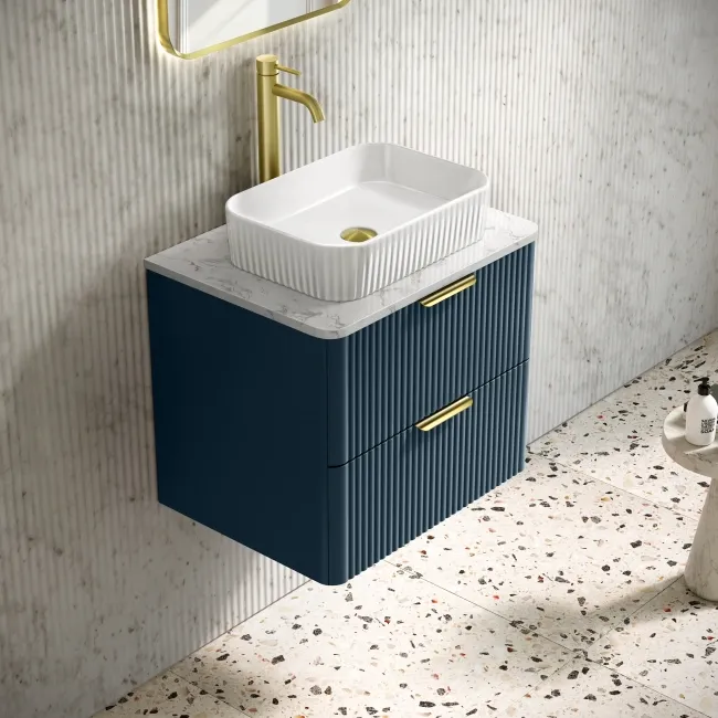 Cadiz Fluted Navy Blue Wall Hung Drawer Vanity with Marble Top & Reno Basin 600mm - Brushed Brass Accents