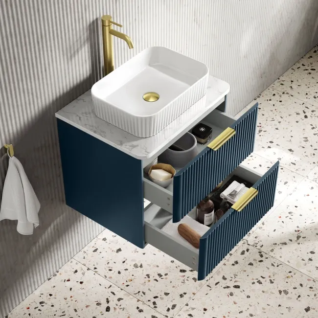 Cadiz Fluted Navy Blue Wall Hung Drawer Vanity with Marble Top & Reno Basin 600mm - Brushed Brass Accents
