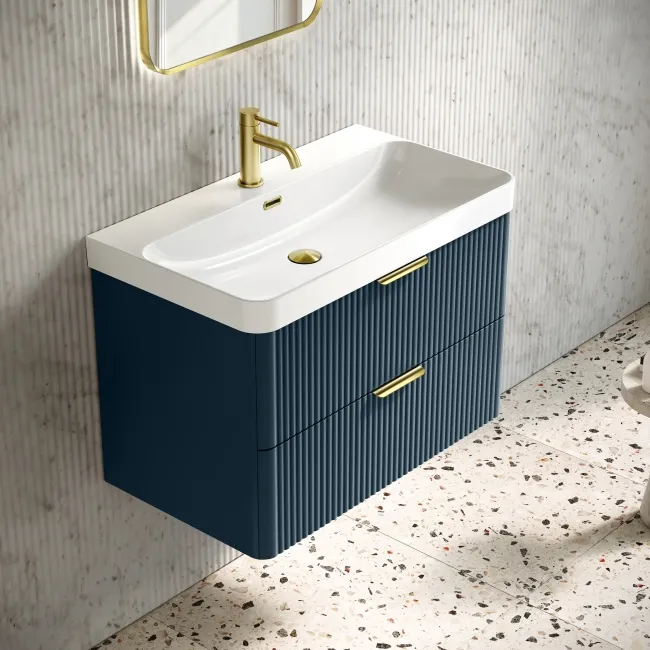 Cadiz Fluted Navy Blue Wall Hung Basin Drawer Vanity 800mm - Brushed Brass Accents
