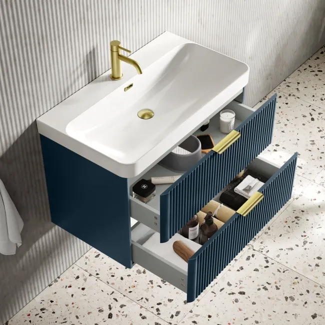 Cadiz Fluted Navy Blue Wall Hung Basin Drawer Vanity 800mm - Brushed Brass Accents