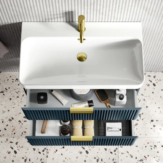 Cadiz Fluted Navy Blue Wall Hung Basin Drawer Vanity 800mm - Brushed Brass Accents