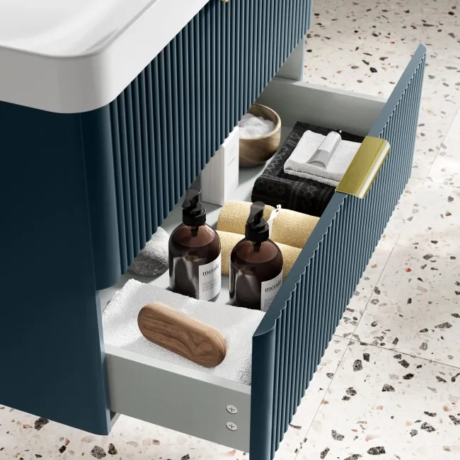 Cadiz Fluted Navy Blue Wall Hung Basin Drawer Vanity 800mm - Brushed Brass Accents