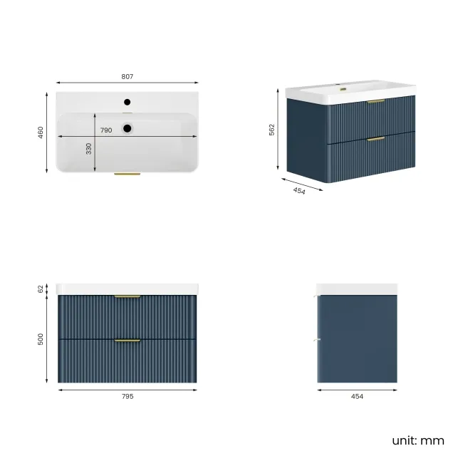 Cadiz Fluted Navy Blue Wall Hung Basin Drawer Vanity 800mm - Brushed Brass Accents
