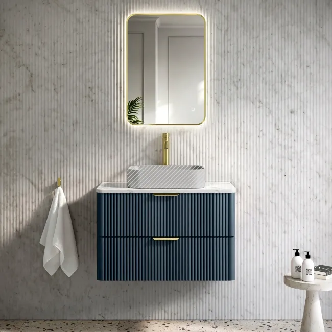 Cadiz Fluted Navy Blue Wall Hung Drawer Vanity with Marble Top 800mm (Excludes Basin) - Brushed Brass Accents