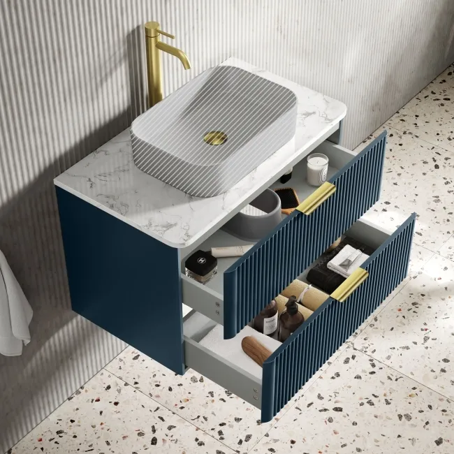 Cadiz Fluted Navy Blue Wall Hung Drawer Vanity with Marble Top 800mm (Excludes Basin) - Brushed Brass Accents