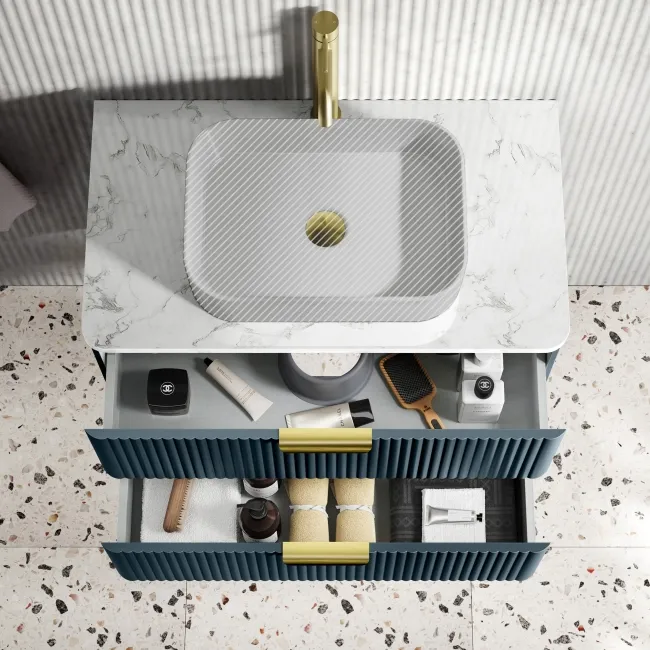 Cadiz Fluted Navy Blue Wall Hung Drawer Vanity with Marble Top 800mm (Excludes Basin) - Brushed Brass Accents