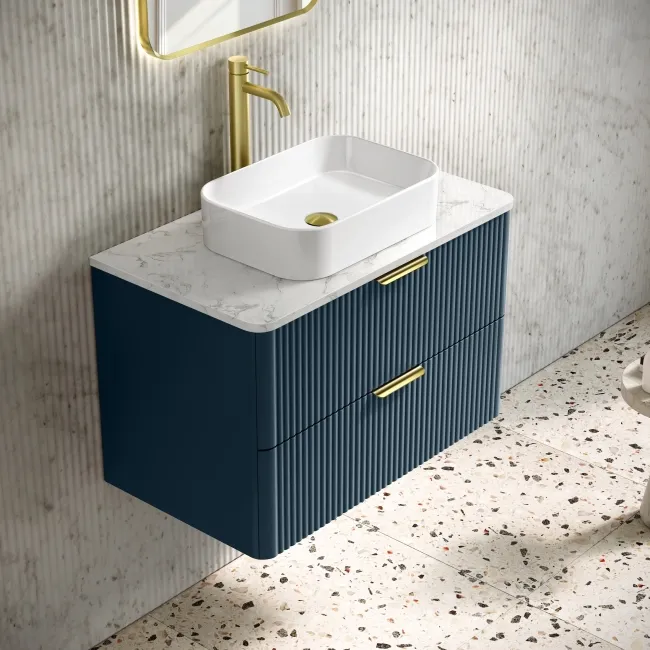 Cadiz Fluted Navy Blue Wall Hung Drawer Vanity with Marble Top & Marin Basin 800mm - Brushed Brass Accents