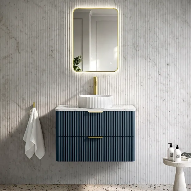 Cadiz Fluted Navy Blue Wall Hung Drawer Vanity with Marble Top & Nevis Basin 800mm - Brushed Brass Accents
