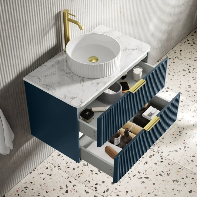 Cadiz Fluted Navy Blue Wall Hung Drawer Vanity with Marble Top & Nevis Basin 800mm - Brushed Brass Accents
