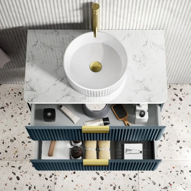 Cadiz Fluted Navy Blue Wall Hung Drawer Vanity with Marble Top & Nevis Basin 800mm - Brushed Brass Accents