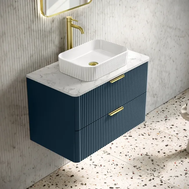 Cadiz Fluted Navy Blue Wall Hung Drawer Vanity with Marble Top & Reno Basin 800mm - Brushed Brass Accents