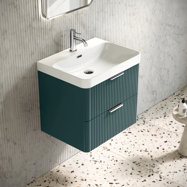 Cadiz Fluted Mystic Green Wall Hung Basin Drawer Vanity 600mm - Chrome Handles