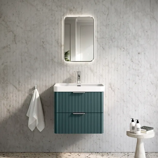Cadiz Fluted Mystic Green Wall Hung Basin Drawer Vanity 600mm - Chrome Handles