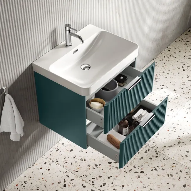 Cadiz Fluted Mystic Green Wall Hung Basin Drawer Vanity 600mm - Chrome Handles