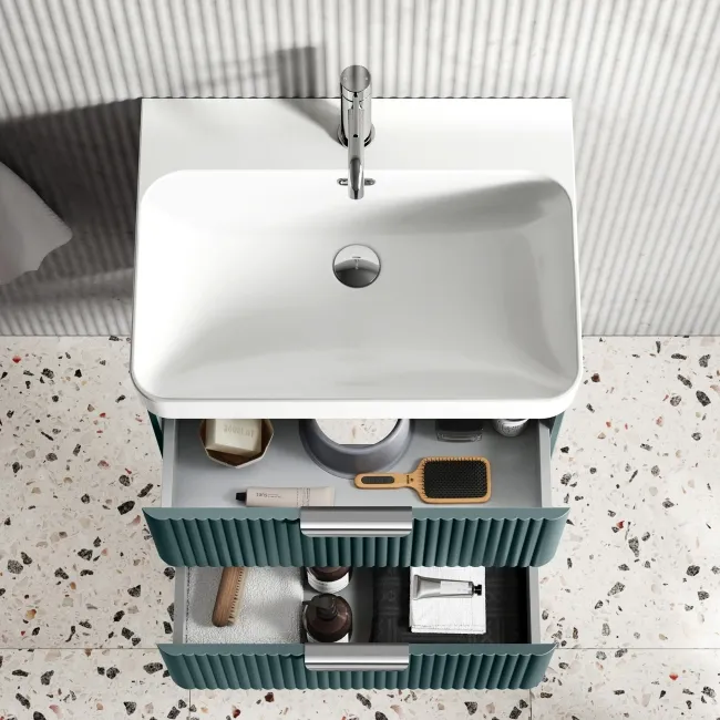 Cadiz Fluted Mystic Green Wall Hung Basin Drawer Vanity 600mm - Chrome Handles