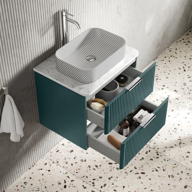 Cadiz Fluted Mystic Green Wall Hung Drawer Vanity with Marble Top 600mm (Excludes Basin) - Chrome Handles