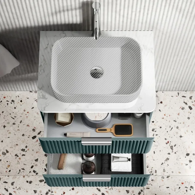Cadiz Fluted Mystic Green Wall Hung Drawer Vanity with Marble Top 600mm (Excludes Basin) - Chrome Handles