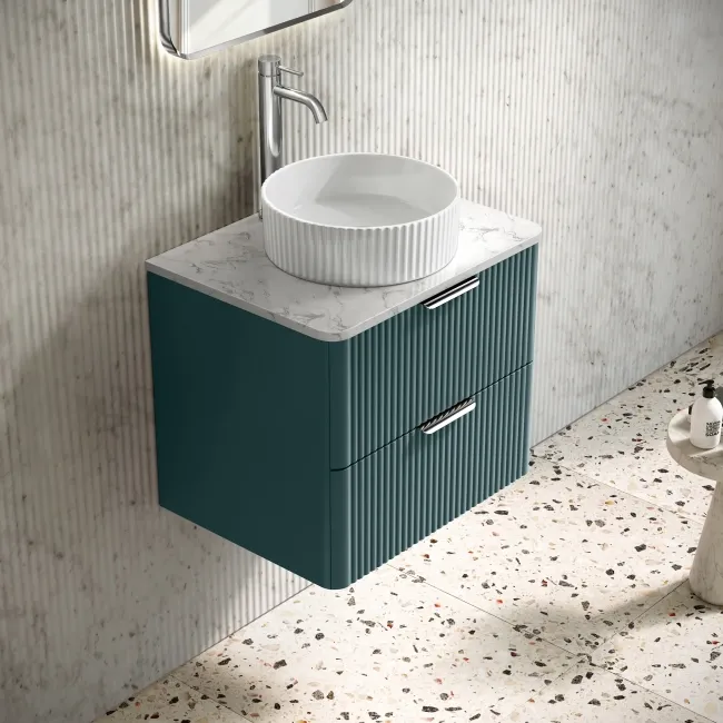Cadiz Fluted Mystic Green Wall Hung Drawer Vanity with Marble Top & Nevis Basin 600mm - Chrome Handles
