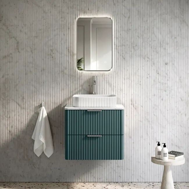 Cadiz Fluted Mystic Green Wall Hung Drawer Vanity with Marble Top & Reno Basin 600mm - Chrome Handles