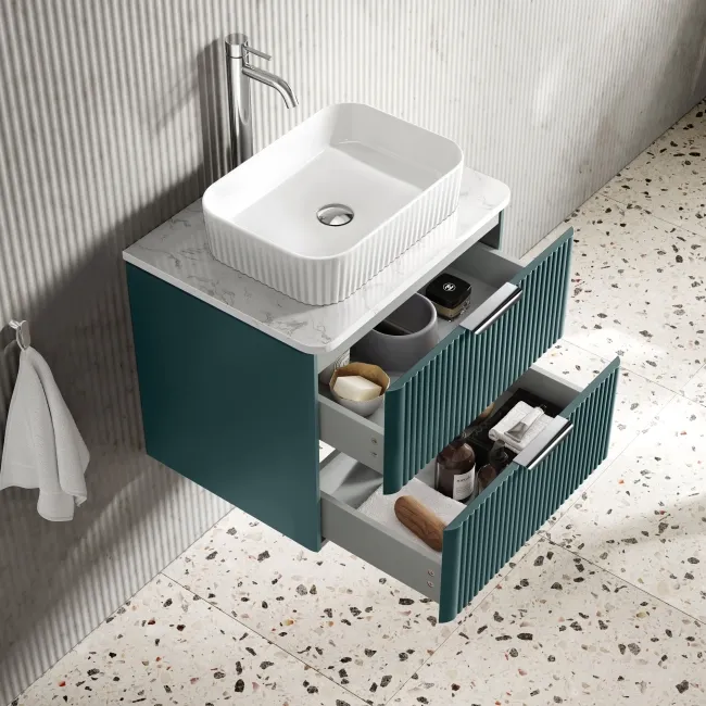 Cadiz Fluted Mystic Green Wall Hung Drawer Vanity with Marble Top & Reno Basin 600mm - Chrome Handles