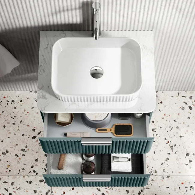 Cadiz Fluted Mystic Green Wall Hung Drawer Vanity with Marble Top & Reno Basin 600mm - Chrome Handles