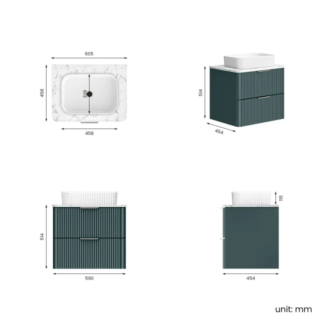 Cadiz Fluted Mystic Green Wall Hung Drawer Vanity with Marble Top & Reno Basin 600mm - Chrome Handles
