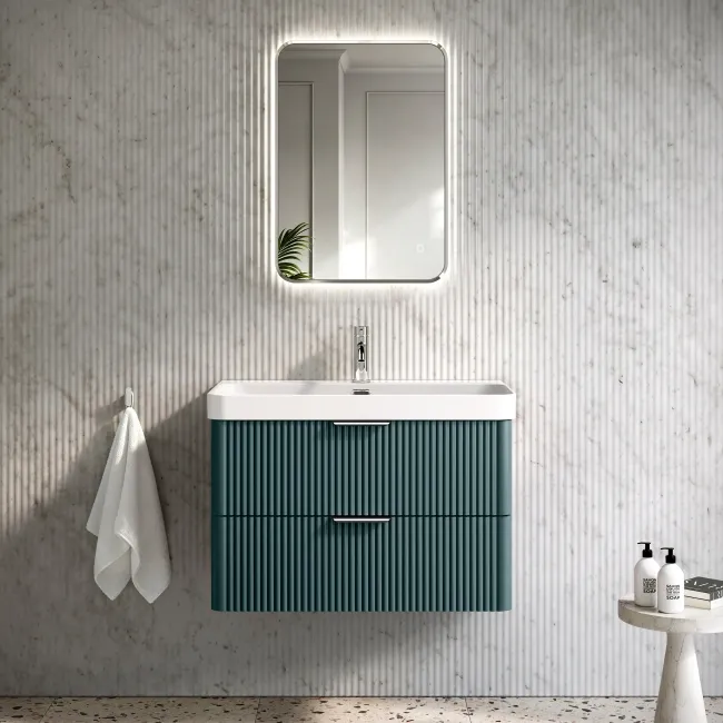 Cadiz Fluted Mystic Green Wall Hung Basin Drawer Vanity 800mm - Chrome Handles