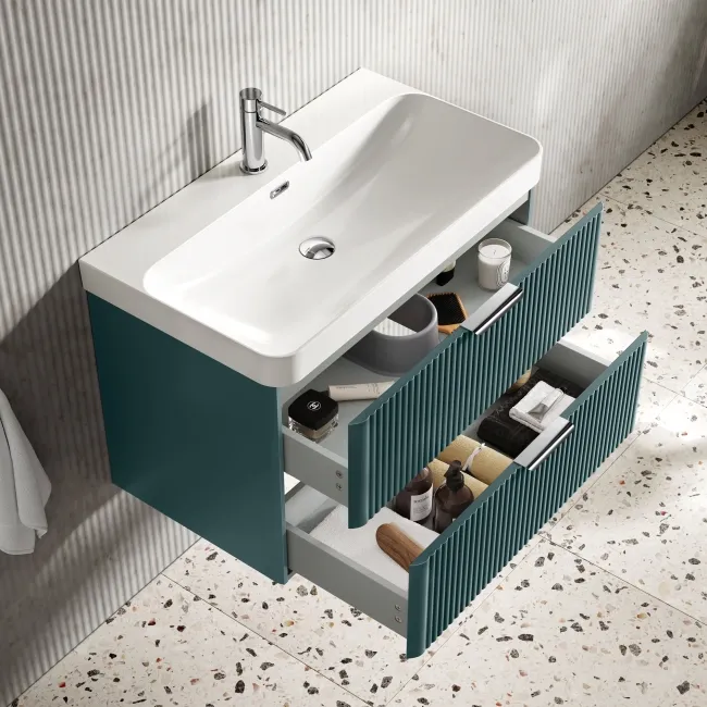 Cadiz Fluted Mystic Green Wall Hung Basin Drawer Vanity 800mm - Chrome Handles