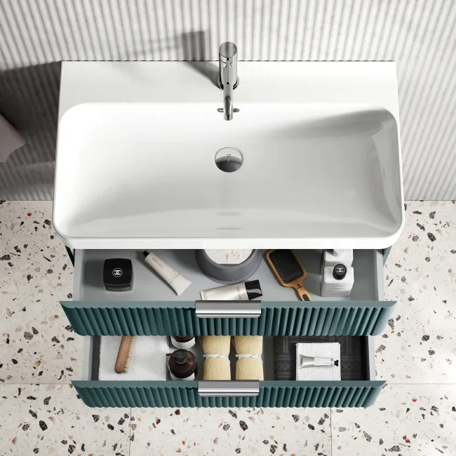 Cadiz Fluted Mystic Green Wall Hung Basin Drawer Vanity 800mm - Chrome Handles
