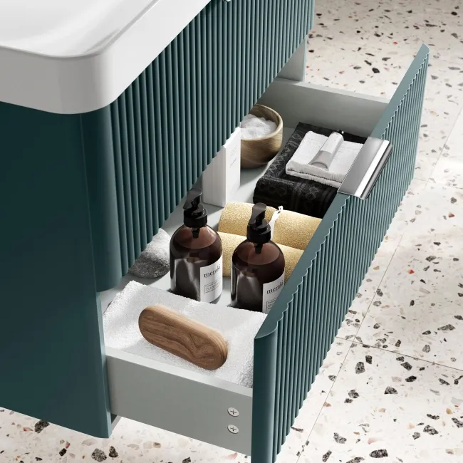 Cadiz Fluted Mystic Green Wall Hung Basin Drawer Vanity 800mm - Chrome Handles