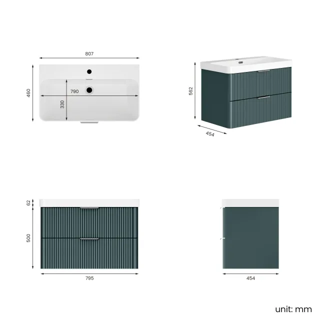 Cadiz Fluted Mystic Green Wall Hung Basin Drawer Vanity 800mm - Chrome Handles
