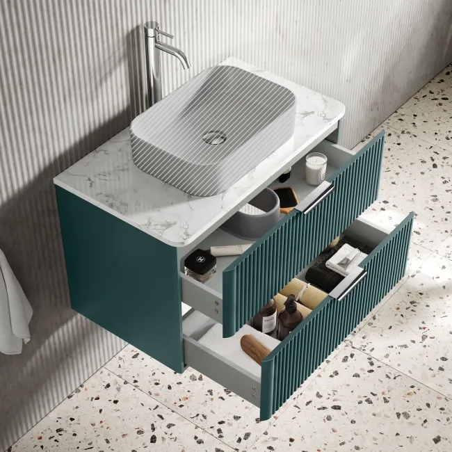 Cadiz Fluted Mystic Green Wall Hung Drawer Vanity with Marble Top 800mm (Excludes Basin) - Chrome Handles