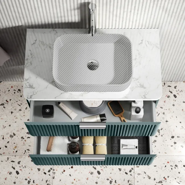 Cadiz Fluted Mystic Green Wall Hung Drawer Vanity with Marble Top 800mm (Excludes Basin) - Chrome Handles