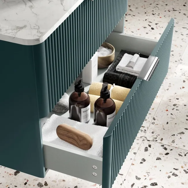 Cadiz Fluted Mystic Green Wall Hung Drawer Vanity with Marble Top 800mm (Excludes Basin) - Chrome Handles