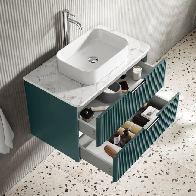 Cadiz Fluted Mystic Green Wall Hung Drawer Vanity with Marble Top & Marin Basin 800mm - Chrome Handles