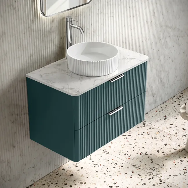 Cadiz Fluted Mystic Green Wall Hung Drawer Vanity with Marble Top & Nevis Basin 800mm - Chrome Handles