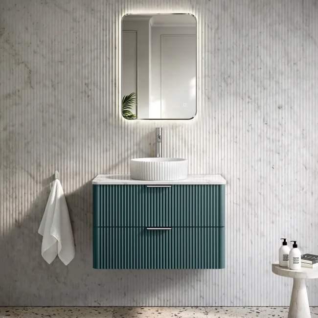 Cadiz Fluted Mystic Green Wall Hung Drawer Vanity with Marble Top & Nevis Basin 800mm - Chrome Handles