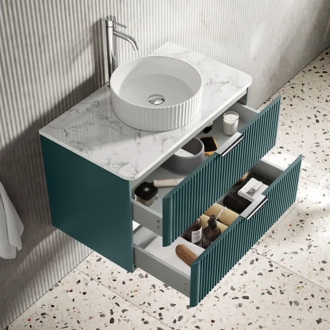 Cadiz Fluted Mystic Green Wall Hung Drawer Vanity with Marble Top & Nevis Basin 800mm - Chrome Handles